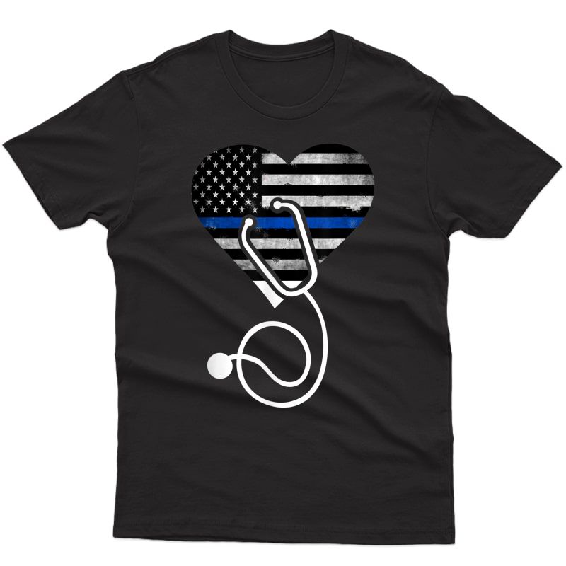 American Flag Heart With Police Thin Blue Line Nurse Rn Lvn T-shirt
