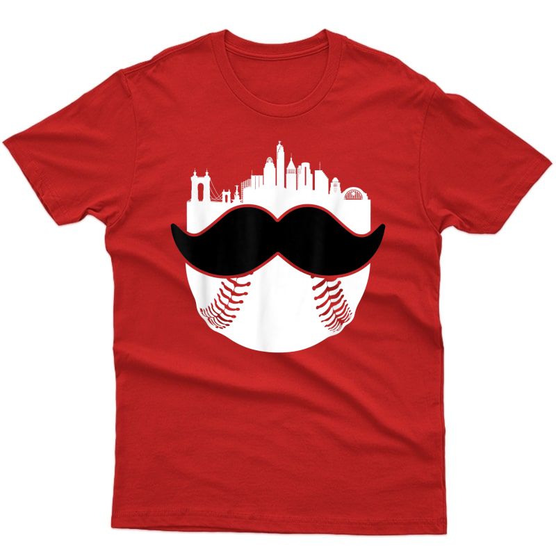 Cincinnati Baseball Skyline Cincy Moustache Red Novelty Gift T-shirt