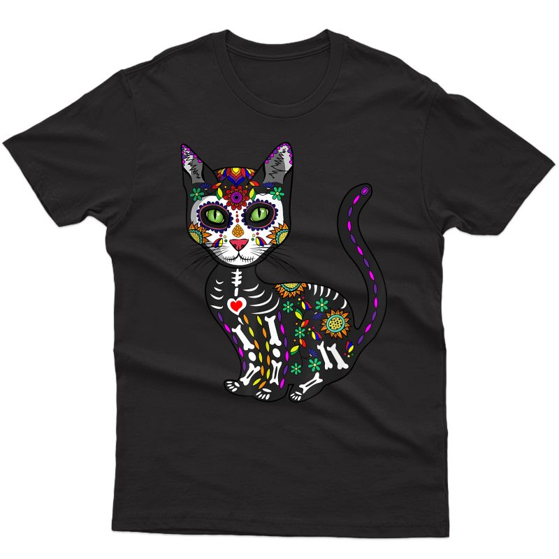 Cute Sugar Skull Mexican Cat Halloween Day Of The Dead T-shirt