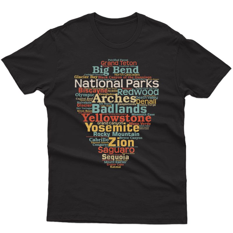 National Parks List Word Cloud Camping Hiking T-shirt