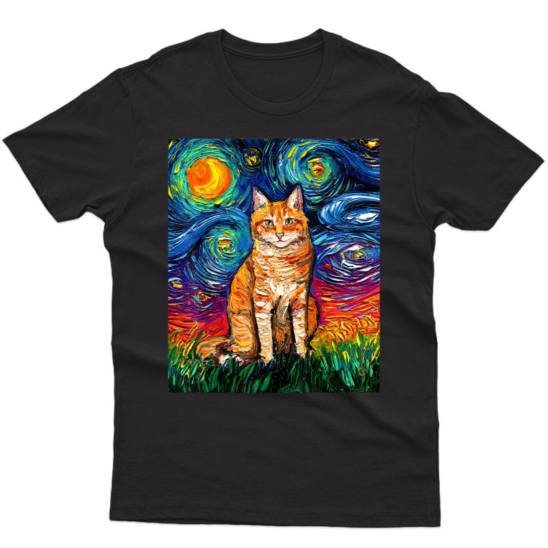 Orange Tabby Tiger Cat Starry Night Colorful Art By Aja T-shirt